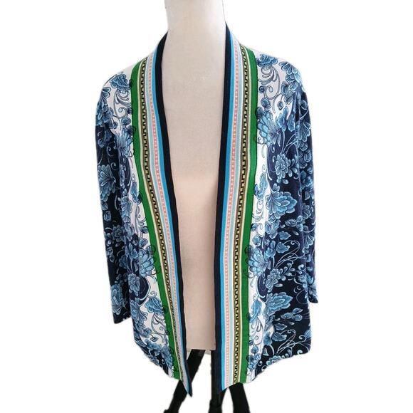 Chicos Open Cardigan Floral Size 2 US L Open Front Navy Blue - Picture 1 of 9